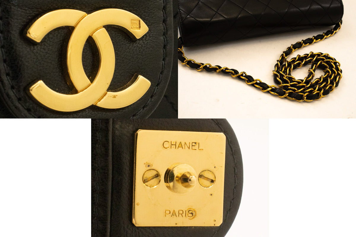 CHANEL Petit sac à bandoulière à chaîne pochette noir matelassé à rabat en agneau ao7 — bijouterie hannari-shop