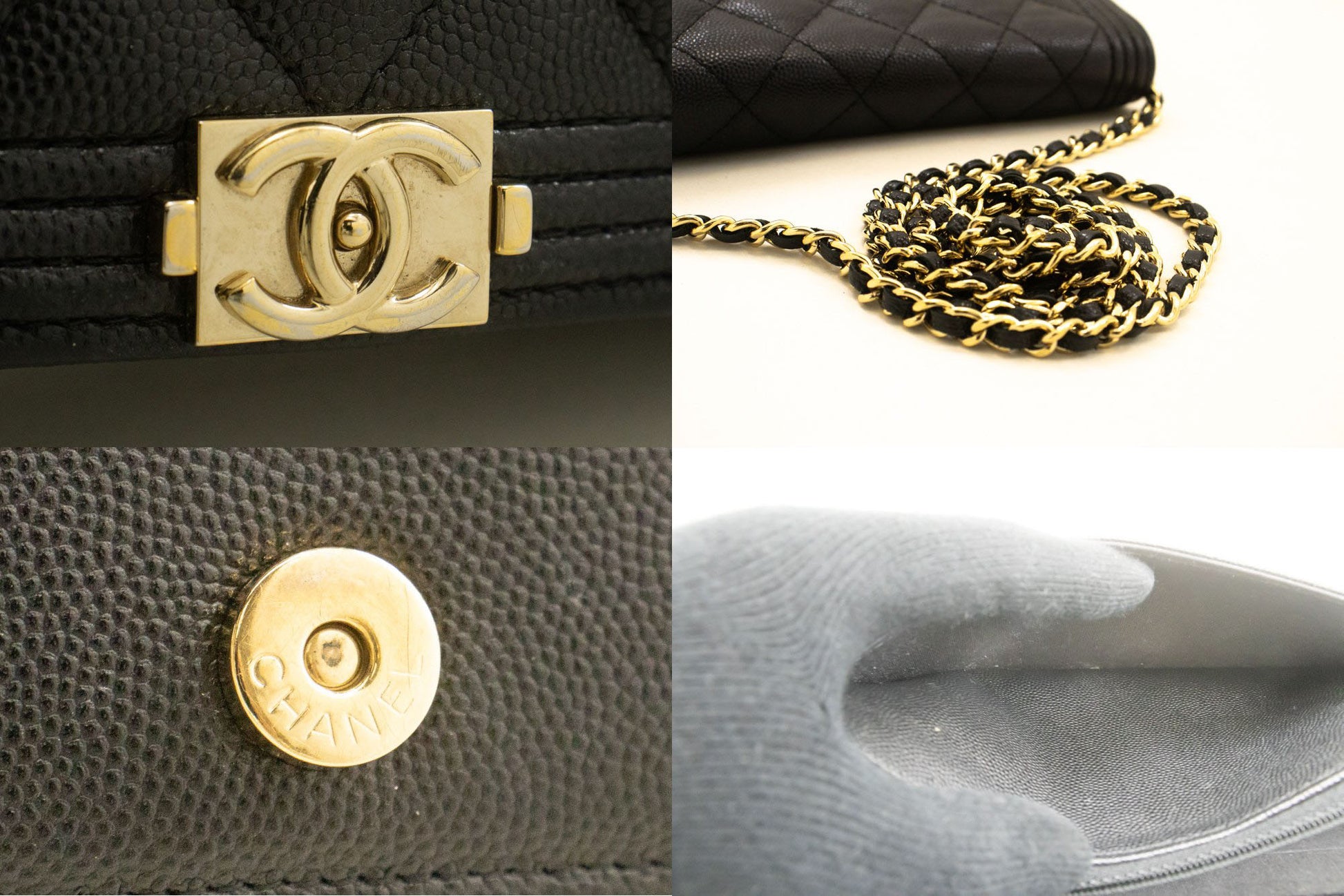 Portefeuille CHANEL Boy noir en veau grainé avec chaîne WOC sac à rabat p66 hannari-shop