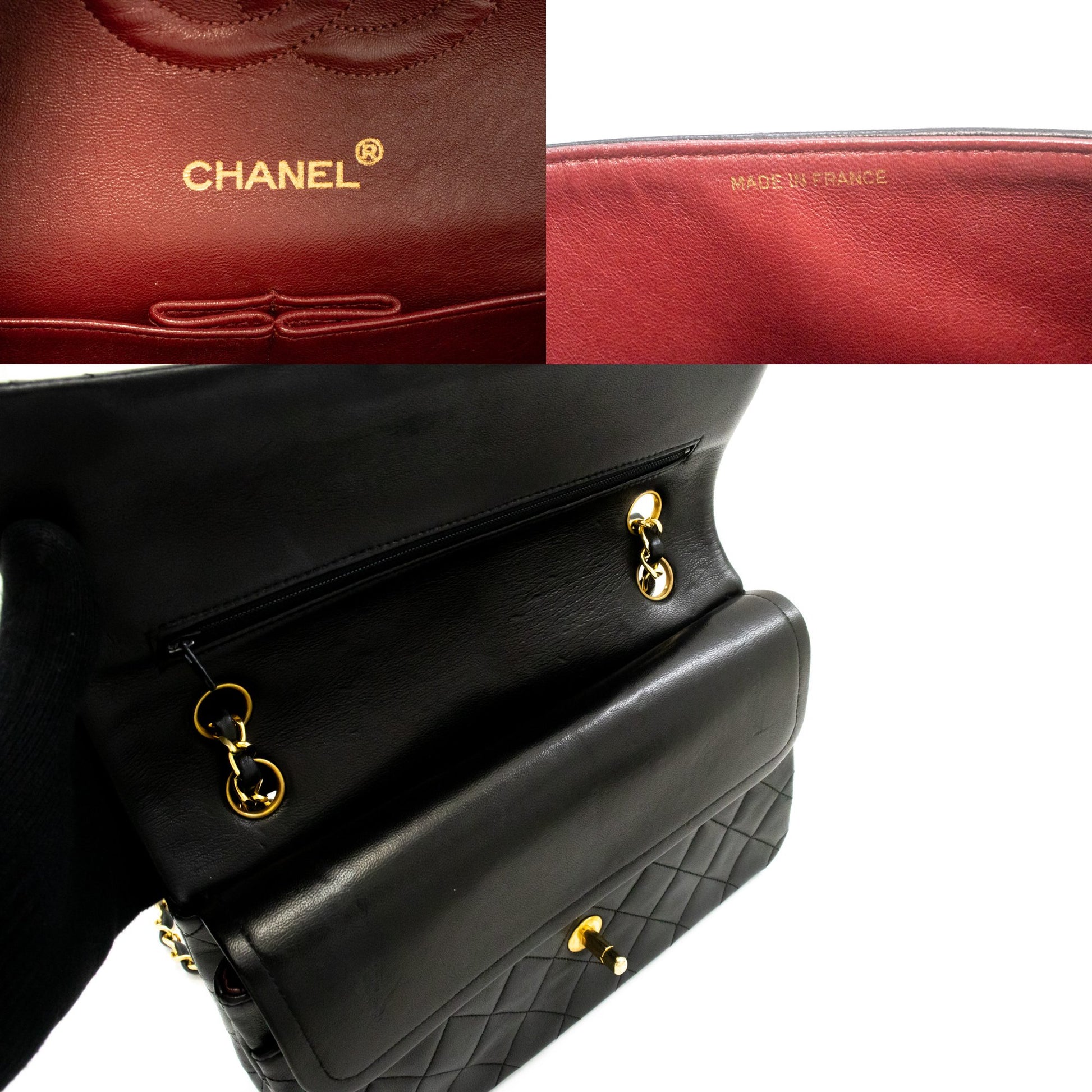 Sac à bandoulière CHANEL Classic Double Flap 10" en chaîne, noir, en agneau, ak7 hannari-shop