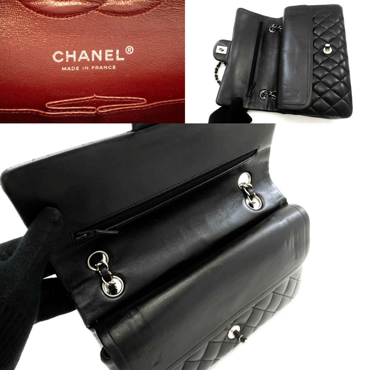 CHANEL Classic Double Flap 10" Chain Shoulder Bag Black Lambskin am6 hannari-shop