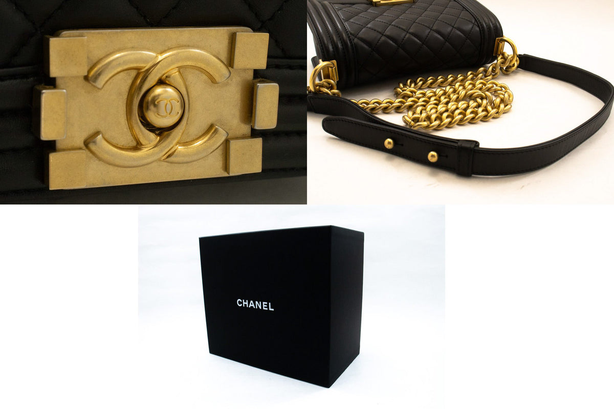 CHANEL Boy Chain Shoulder Bag Black Quilted Flap Lambskin Gold an6 hannari-shop