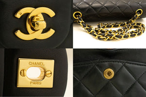 CHANEL Classic Double Flap 9" Chain Shoulder Bag Black Lambskin p68 hannari-shop
