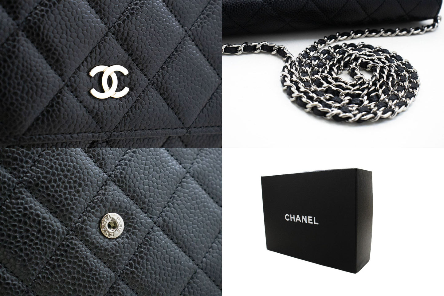 CHANEL Wallet On Chain WOC i kornet kalveskind, sort skuldertaske p60 hannari-shop