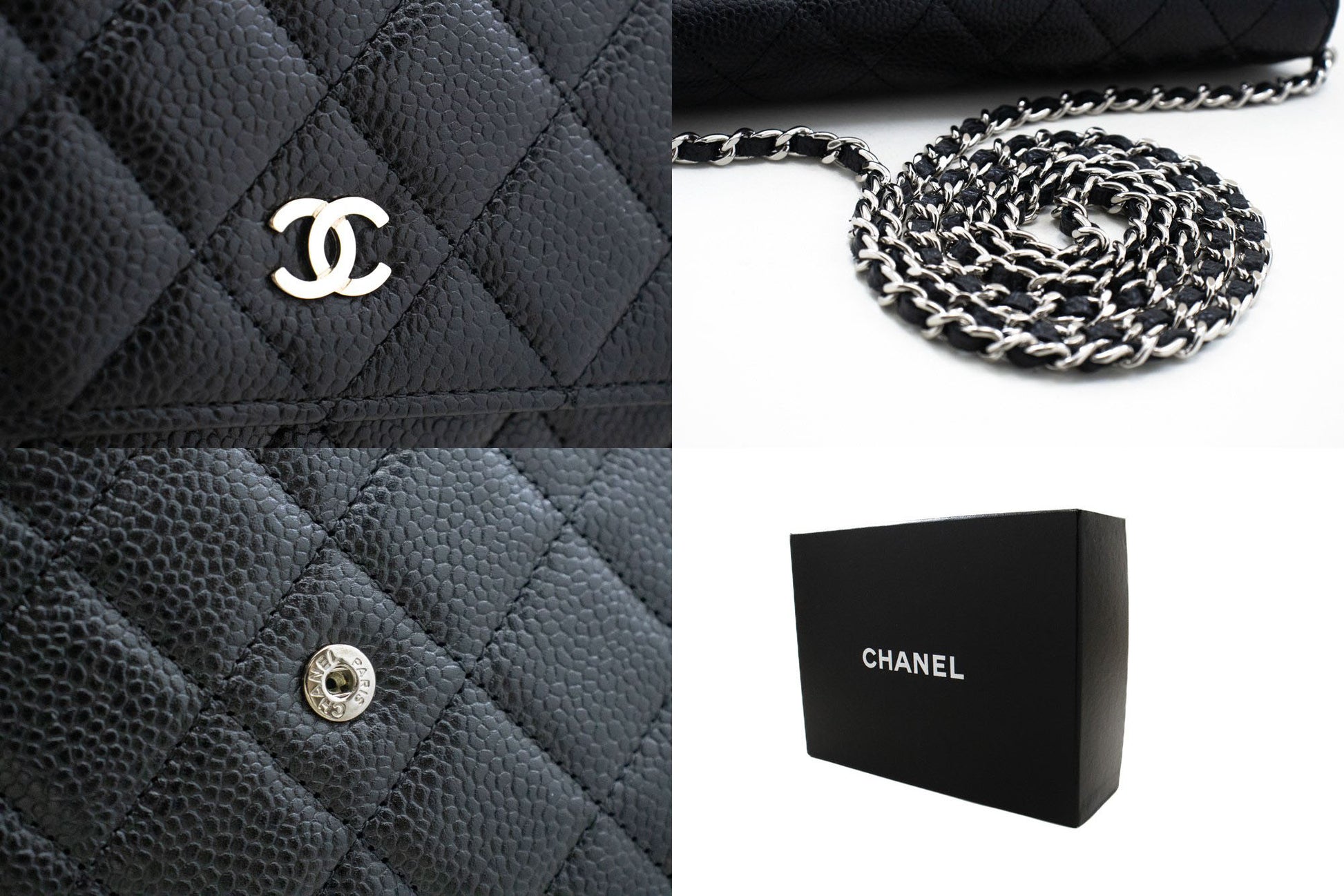 CHANEL Wallet On Chain WOC i kornet kalveskind, sort skuldertaske p60 hannari-shop