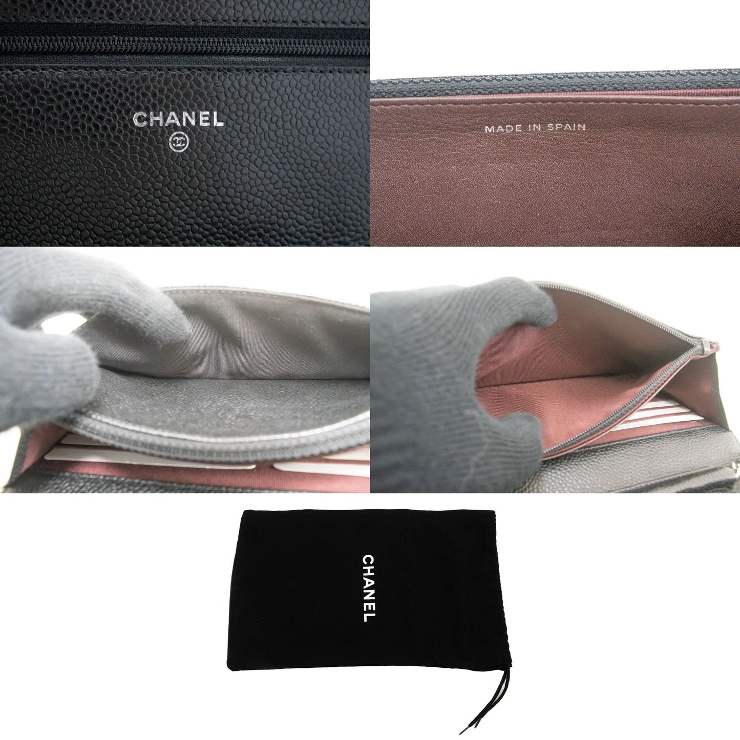 CHANEL Wallet On Chain WOC i kornet kalveskind, sort skuldertaske p60 hannari-shop