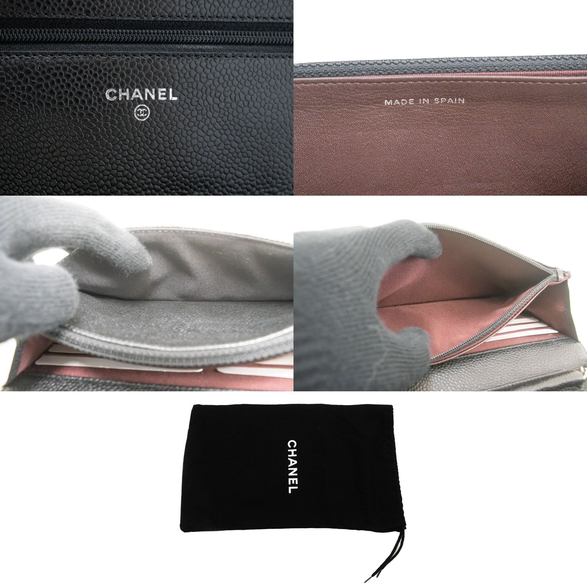 CHANEL Wallet On Chain WOC i kornet kalveskind, sort skuldertaske p60 hannari-shop