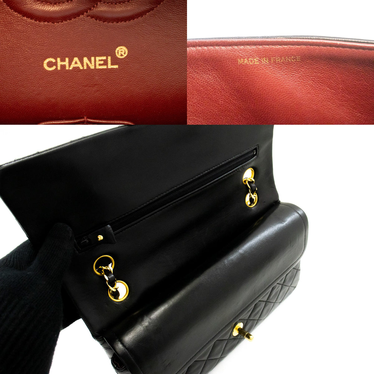 CHANEL Classic Double Flap 10" Chain Shoulder Bag Black Lambskin ap6 — logo CHANEL intérieur hannari-shop