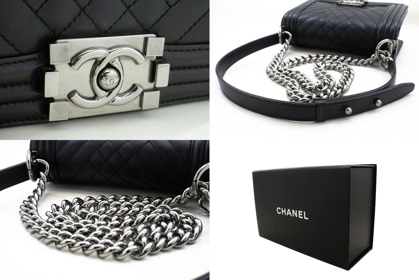 CHANEL Small Boy Chain Skuldertaske Sort Quiltet Klap Kalveskind p93 hannari-shop