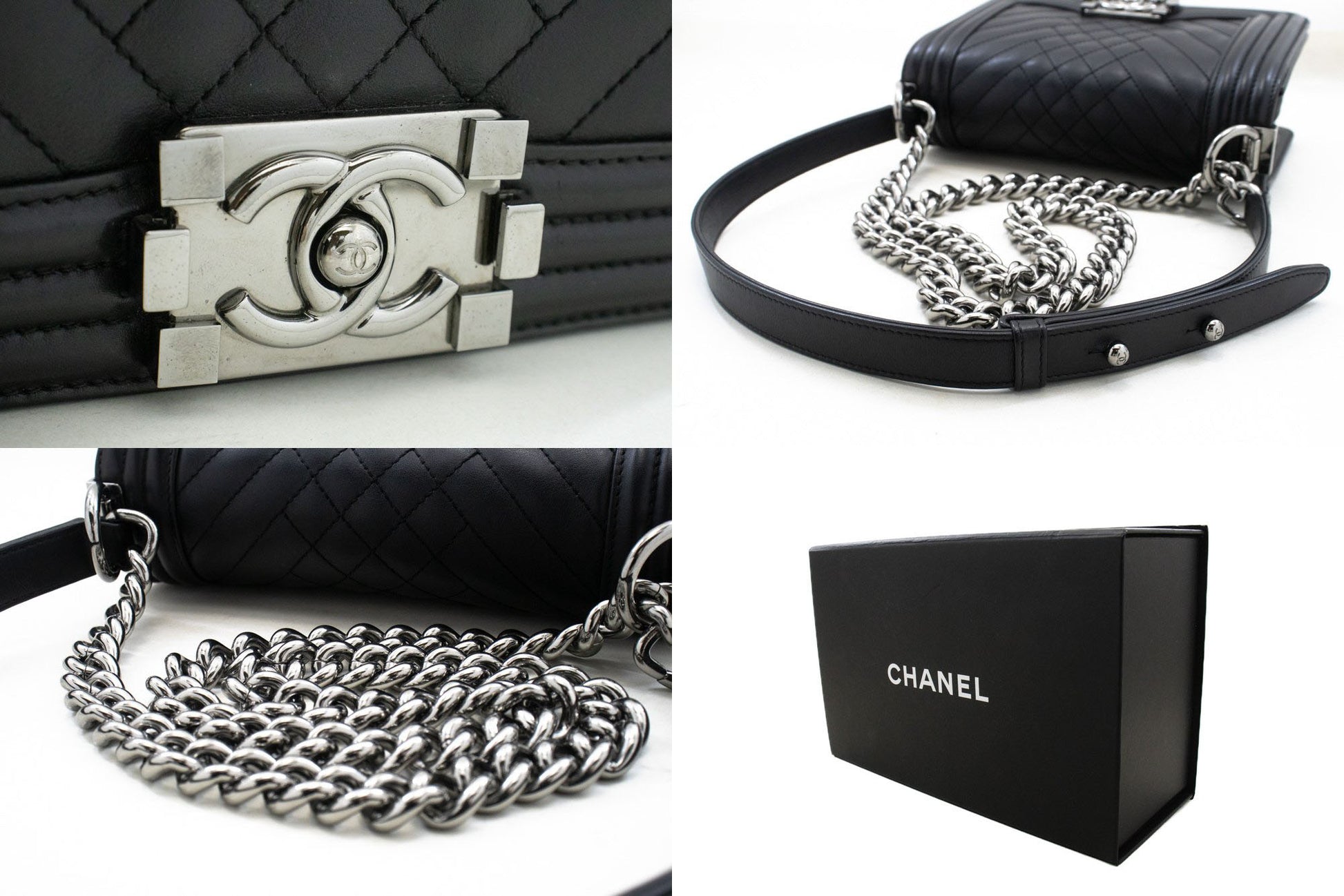 CHANEL Small Boy Chain Skuldertaske Sort Quiltet Klap Kalveskind p93 hannari-shop