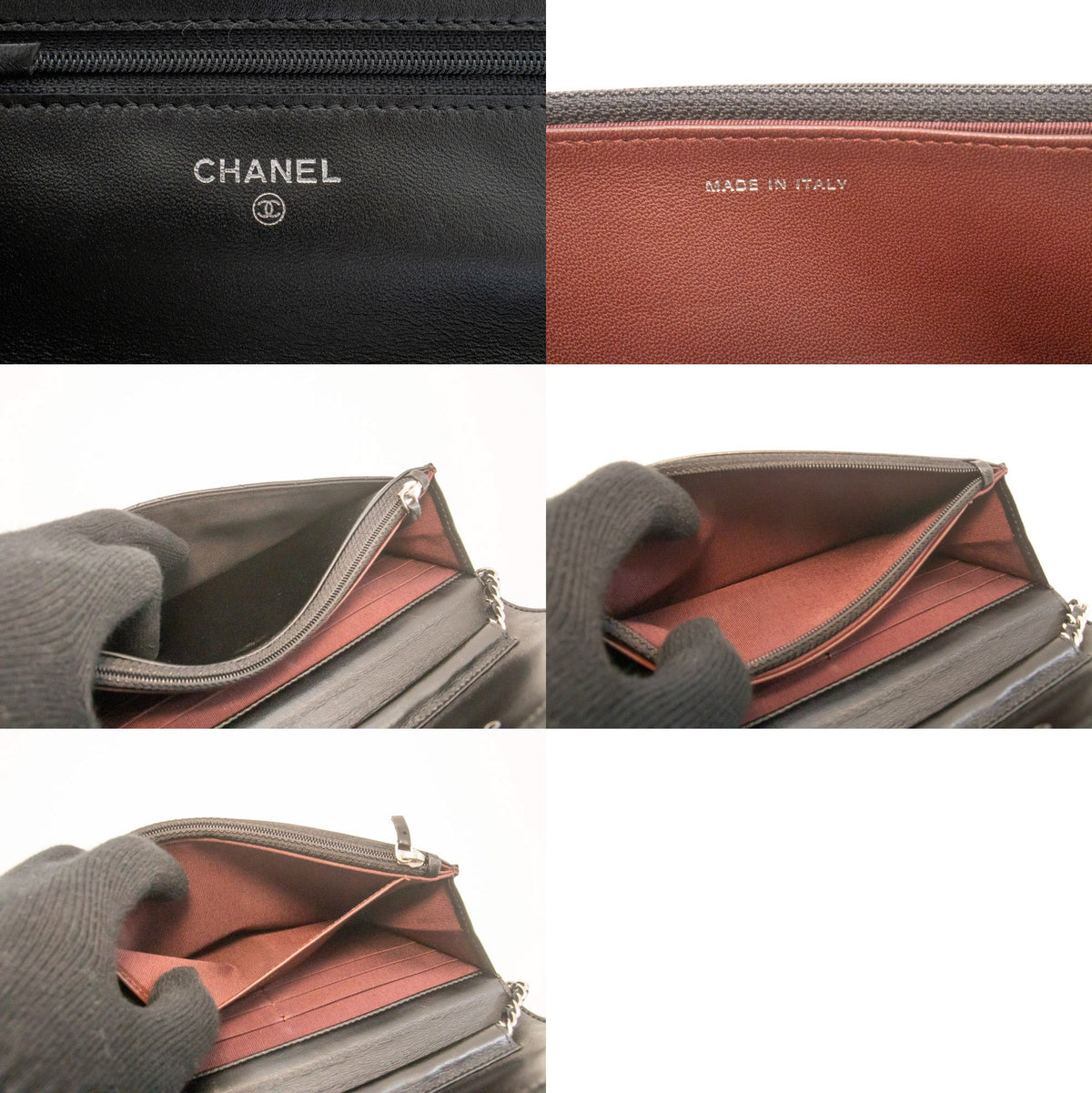 CHANEL Black Classic Wallet On Chain WOC Shoulder Bag Lambskin ap5 — logo CHANEL intérieur hannari-shop