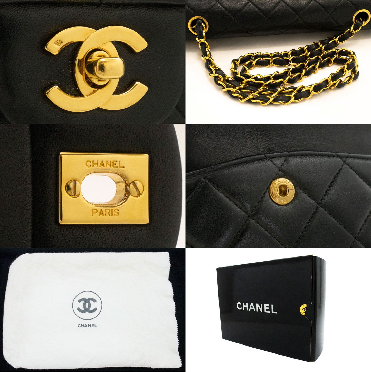 Sac à bandoulière CHANEL Classic Double Flap 10" en agneau noir avec chaîne ag1 hannari-shop