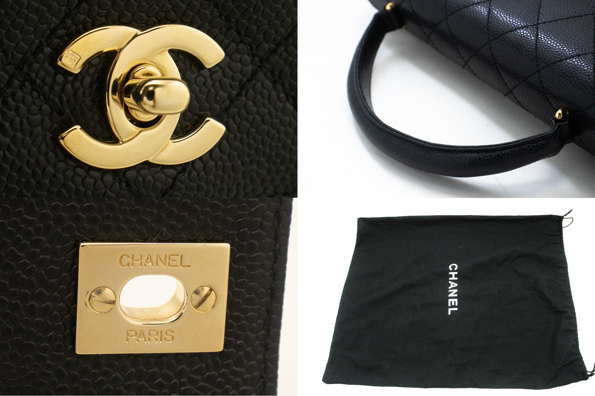 CHANEL Caviar Handbag Top Handle Bag Kelly Black Flap Leather Gold