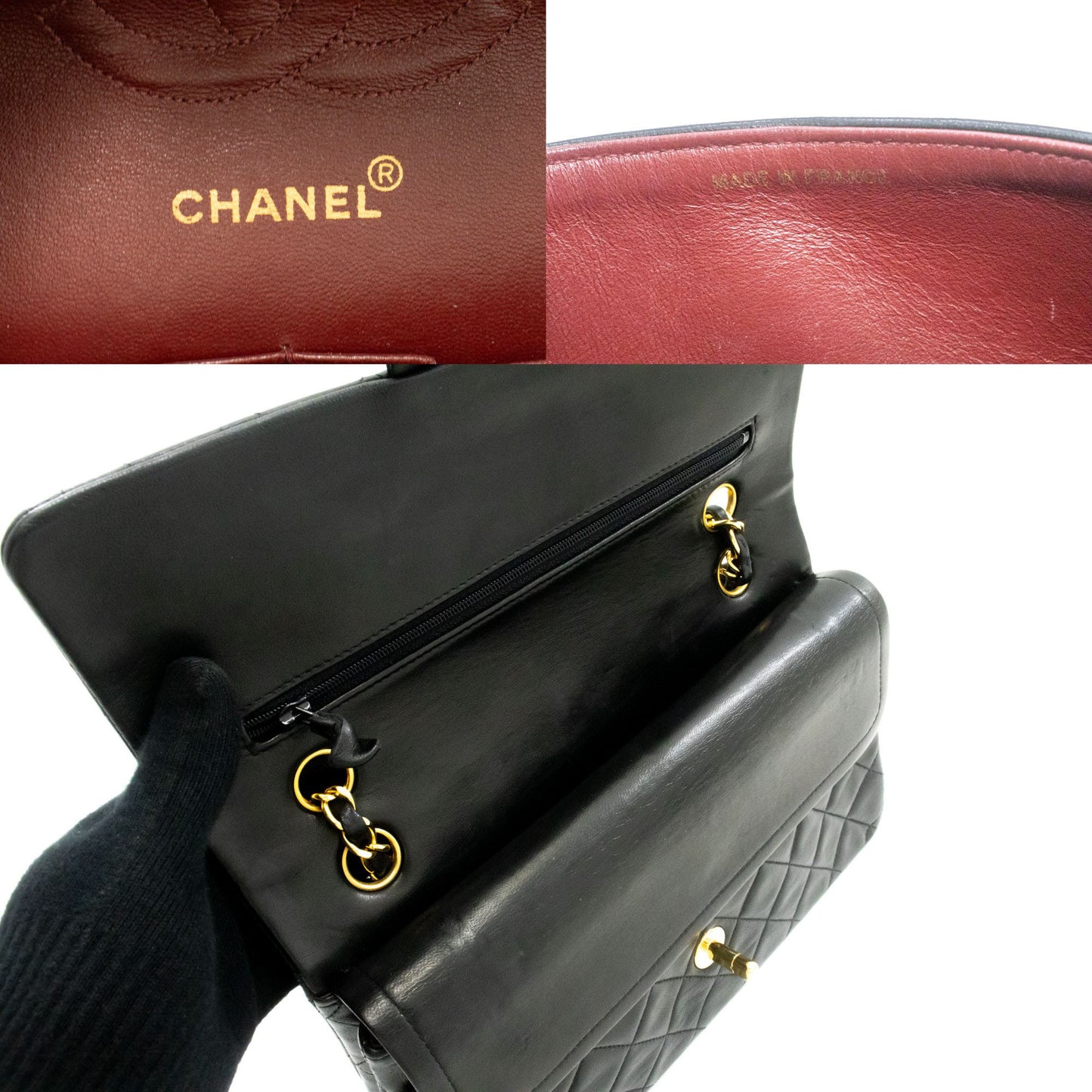 Sac à bandoulière CHANEL Classic Double Flap 10" en agneau noir avec chaîne ag1 hannari-shop