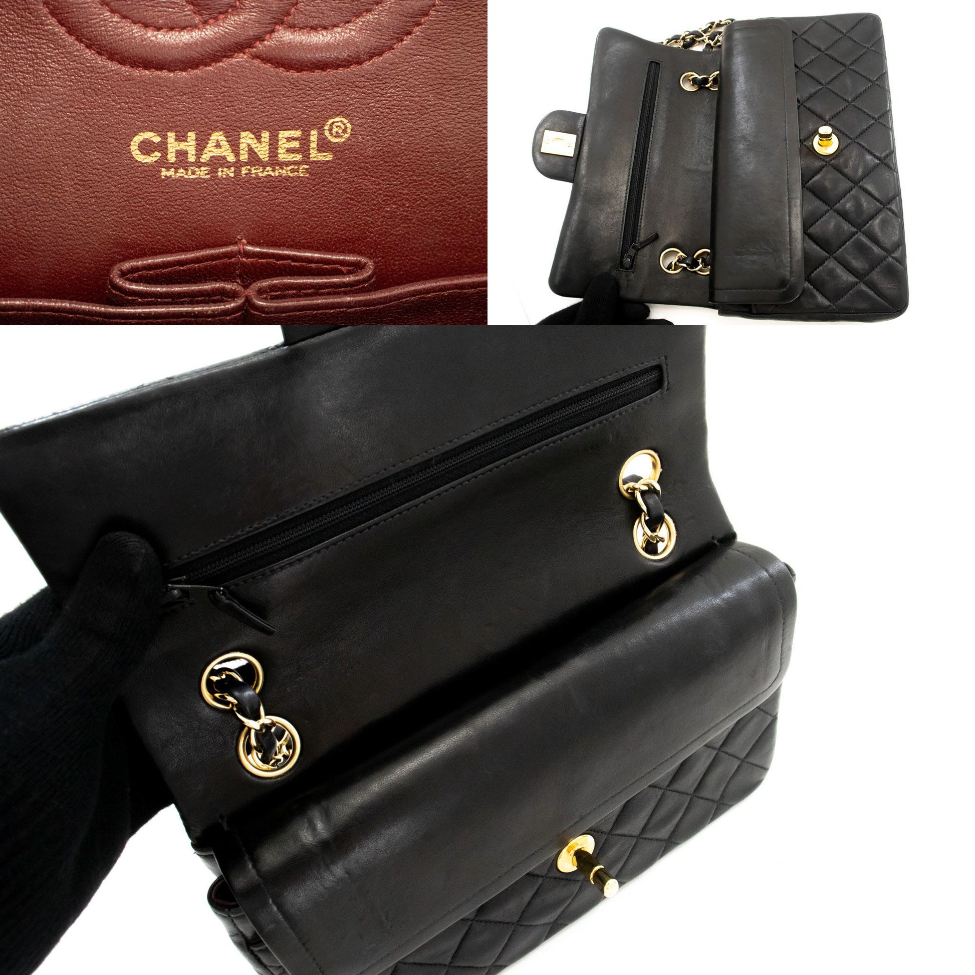 CHANEL Classic Double Flap 9" Chain Shoulder Bag Black Lambskin ai6 hannari-shop