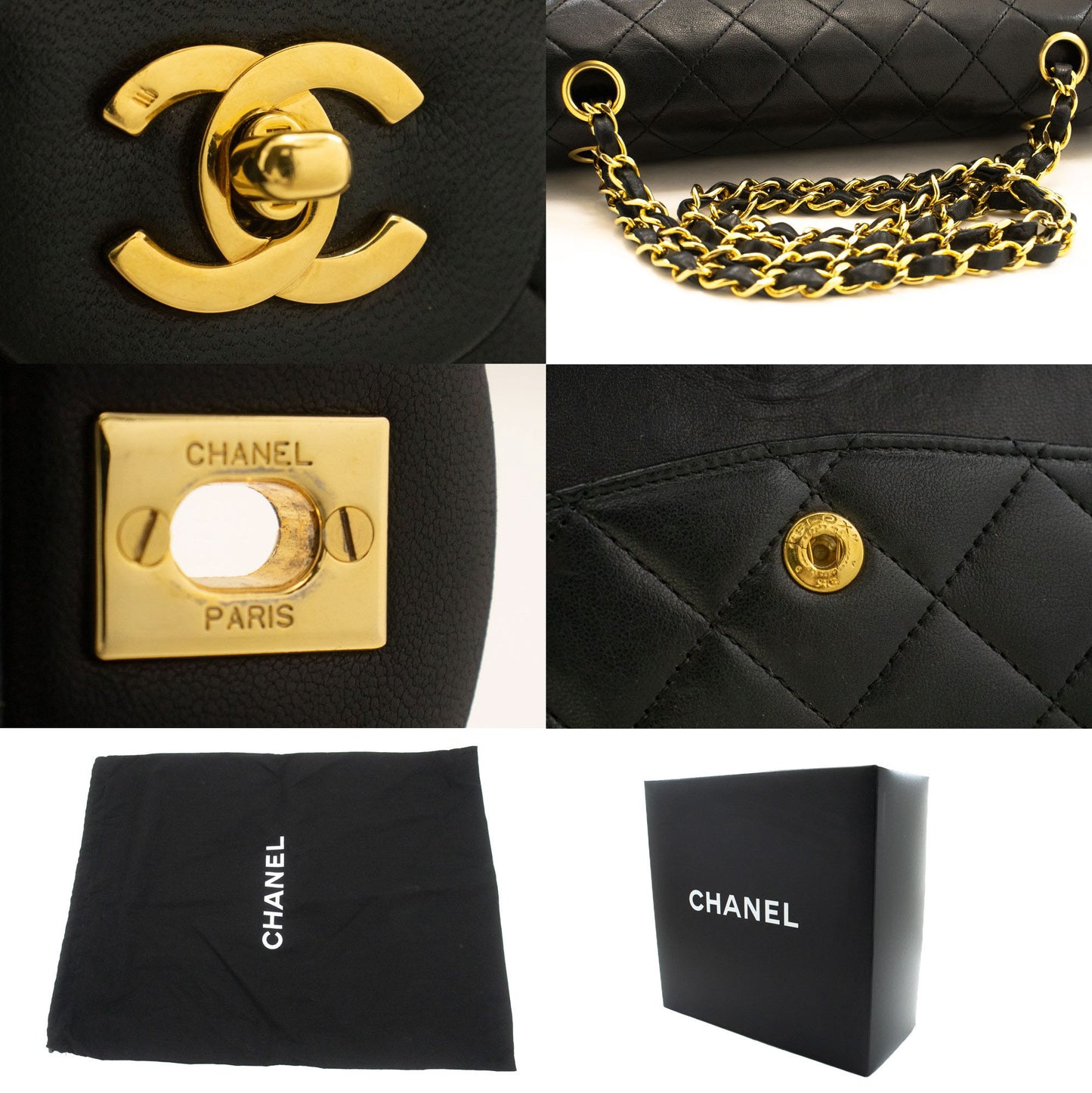 Sac à bandoulière carré CHANEL Classic Double Flap en agneau noir ad1 hannari-shop