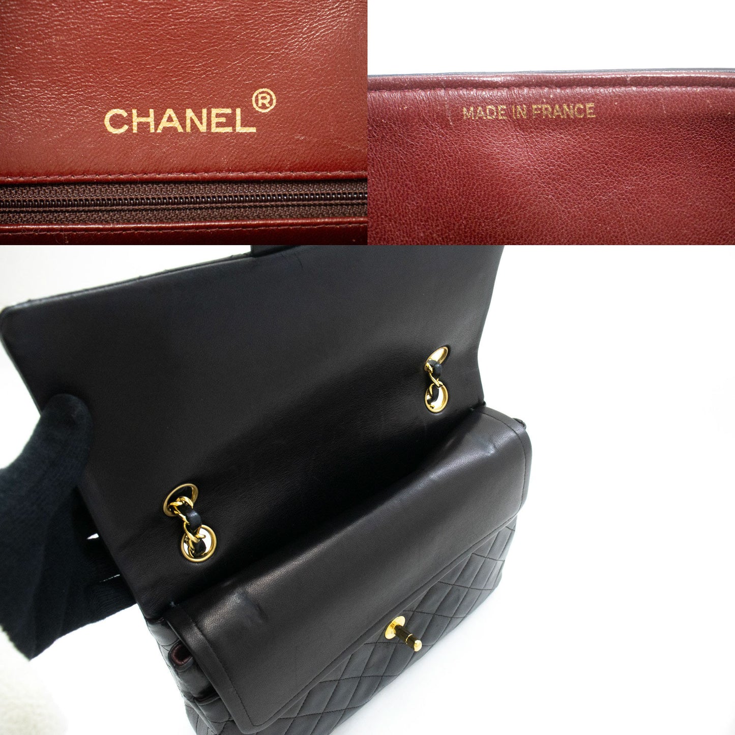 Sac à bandoulière carré CHANEL Classic Double Flap en agneau noir ad1 hannari-shop