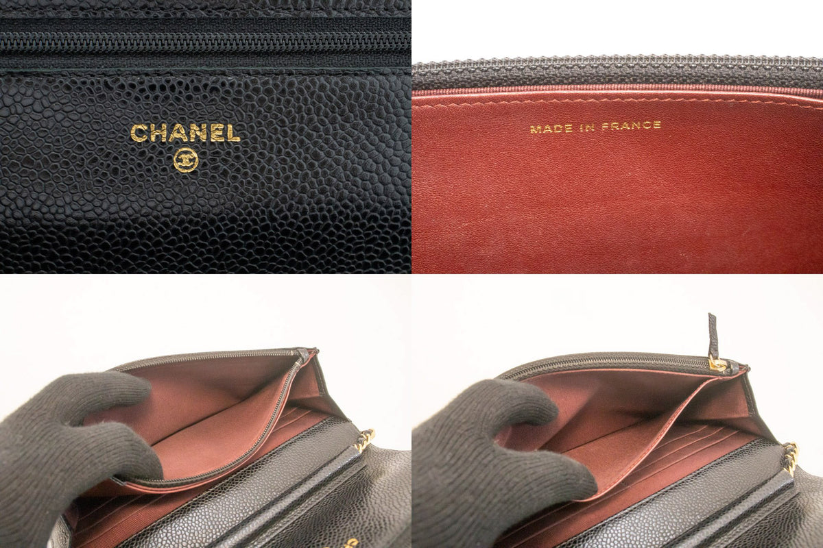 CHANEL جلد العجل المحبب Wallet On Chain WOC حقيبة كتف سوداء ap1 — شعار CHANEL الداخلي hannari-shop