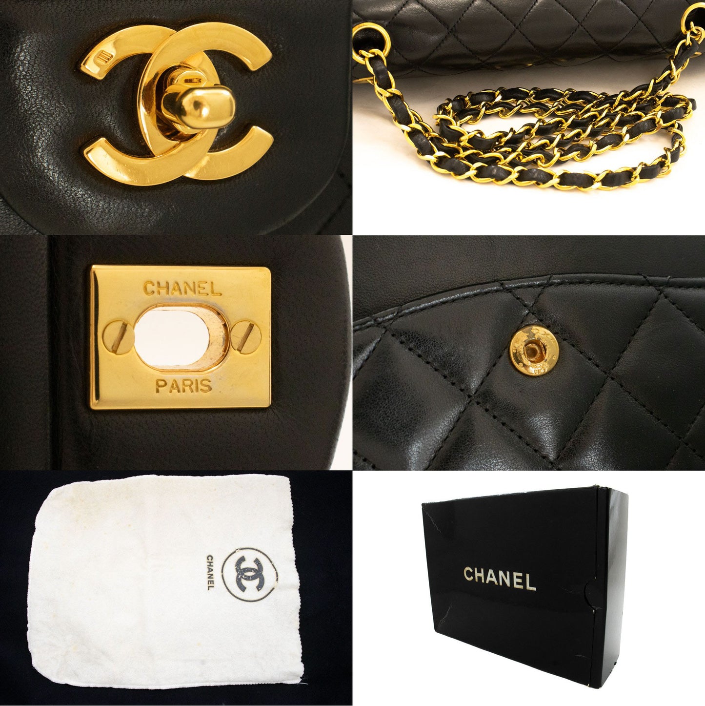 Sac à bandoulière CHANEL Classic Double Flap 10" en agneau noir avec chaîne ah7 hannari-shop