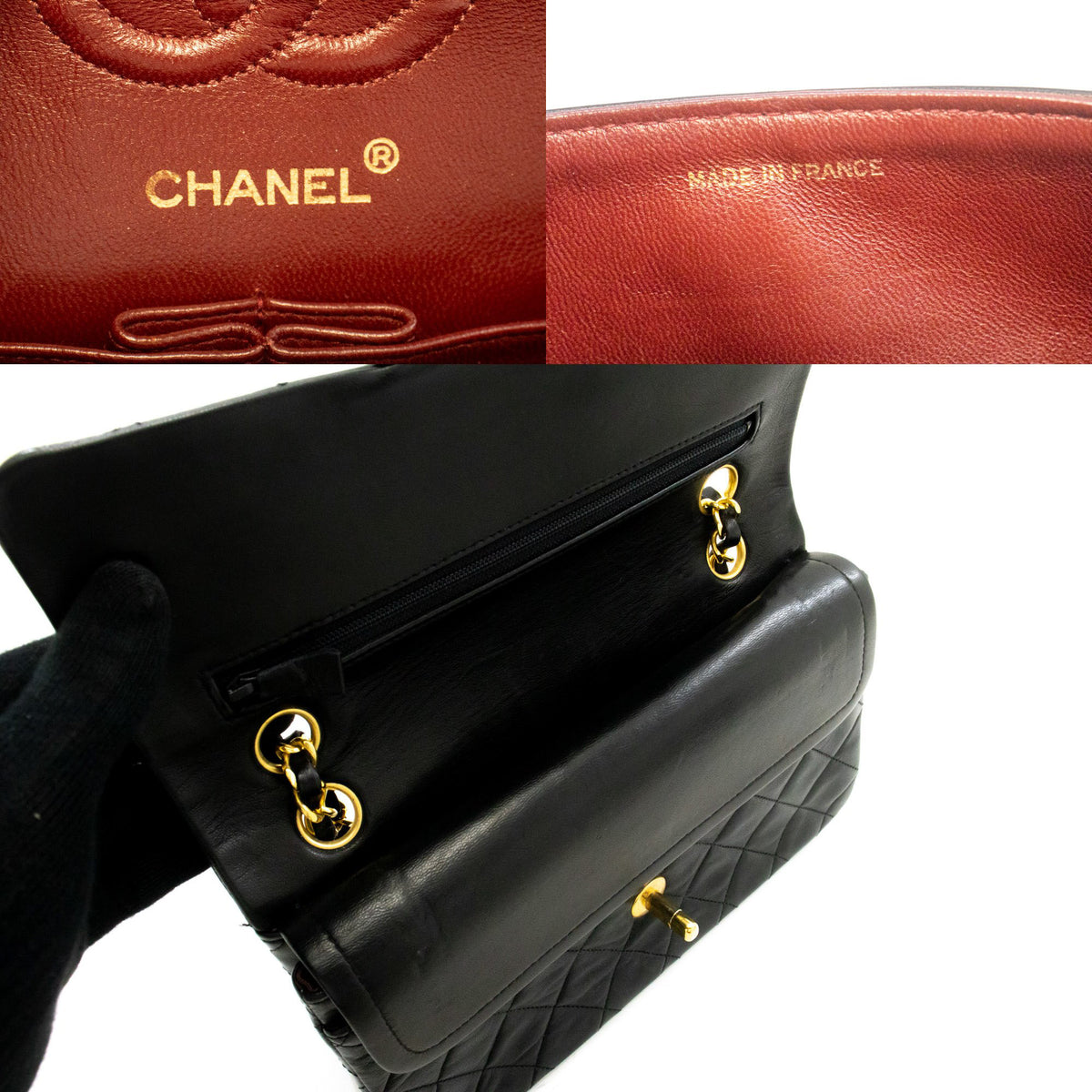 CHANEL Classic Double Flap 9" Chain Shoulder Bag Black Lambskin ap2 — interior CHANEL logo hannari-shop