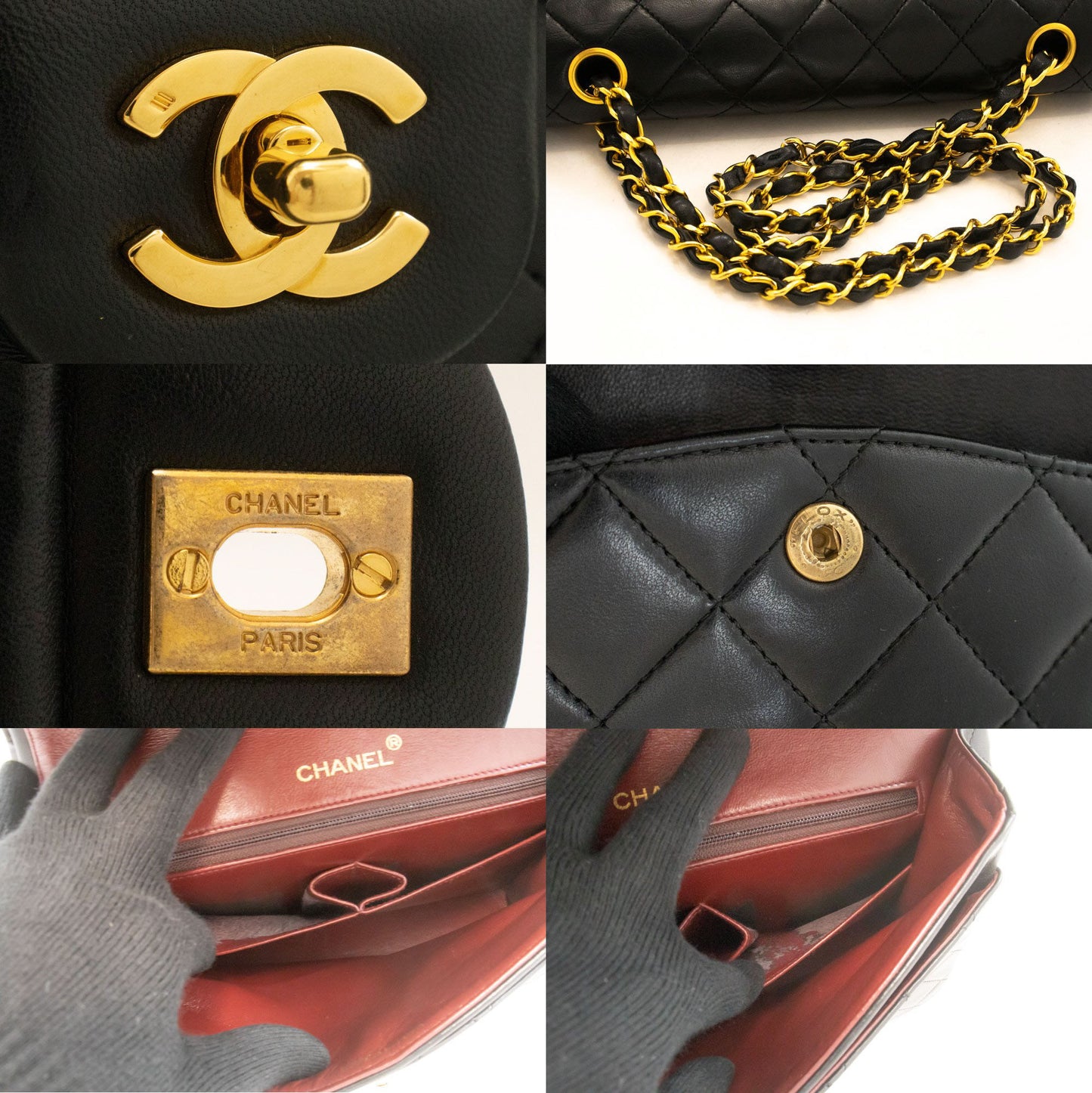 CHANEL Classic Double Flap Square Chain Schultertasche Schwarz Lamm ah5 hannari-shop
