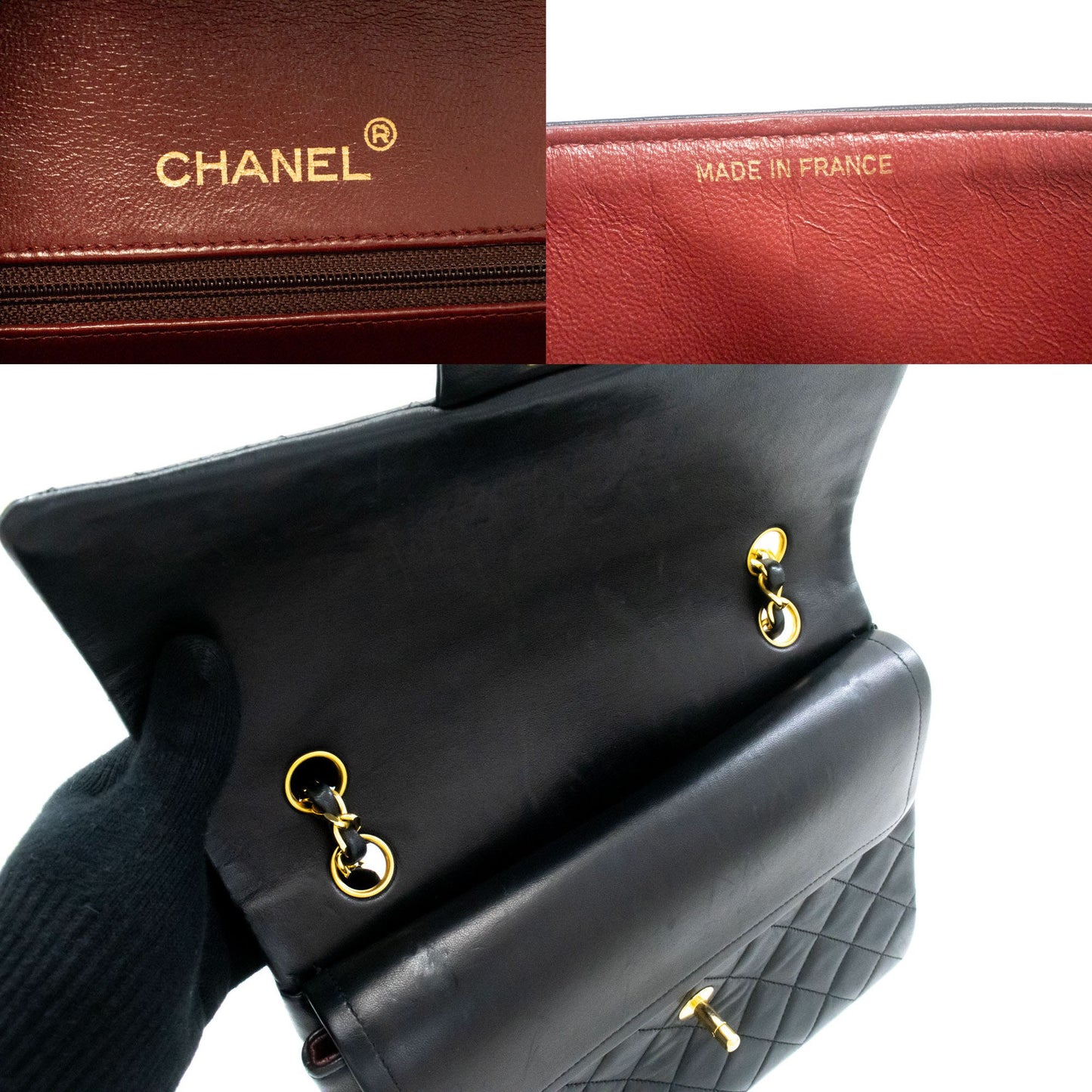 CHANEL Classic Double Flap Square Chain Schultertasche Schwarz Lamm ah5 hannari-shop