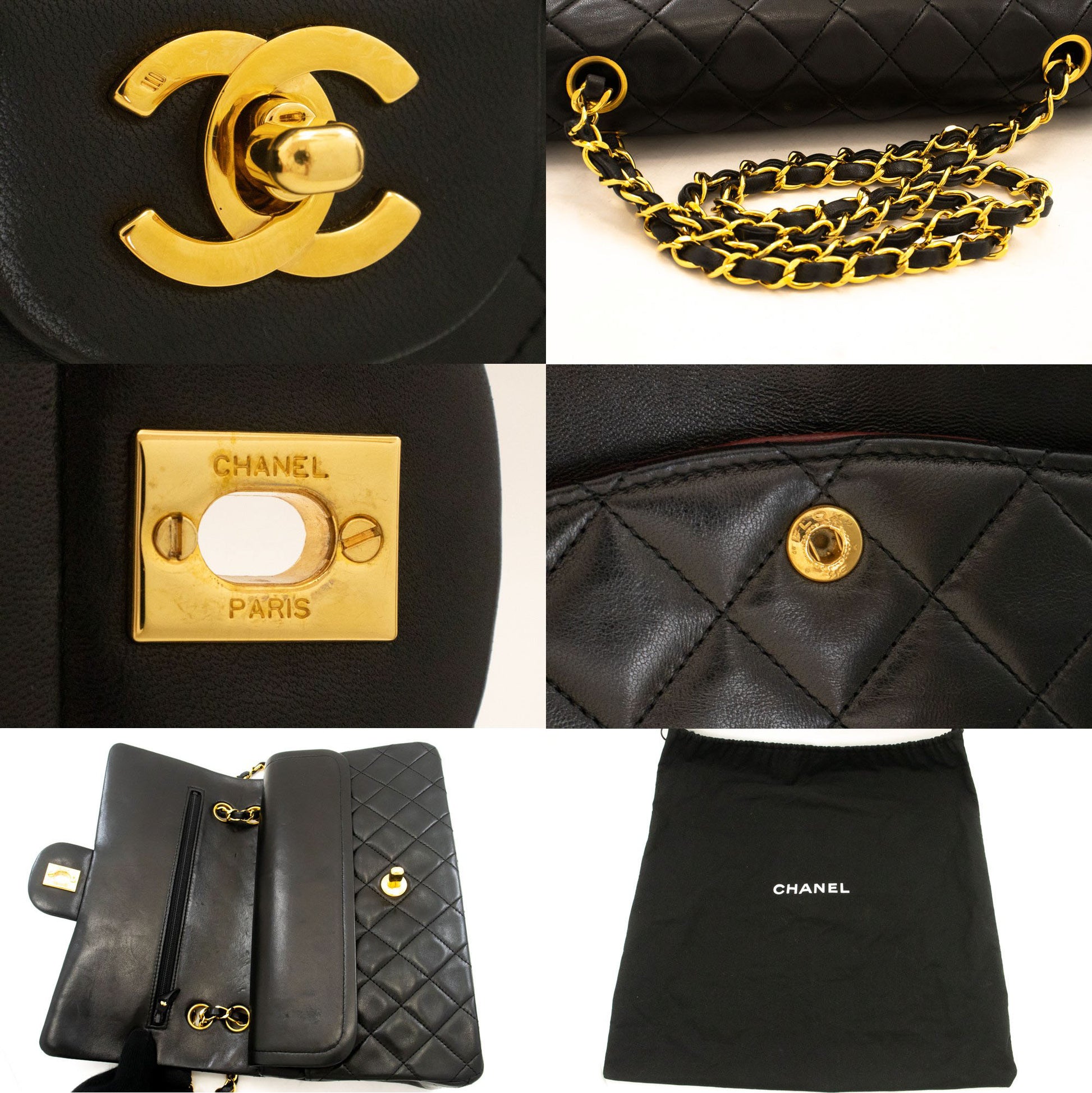 CHANEL Classic Double Flap 10" Chain Shoulder Bag Black Lambskin ak3 hannari-shop
