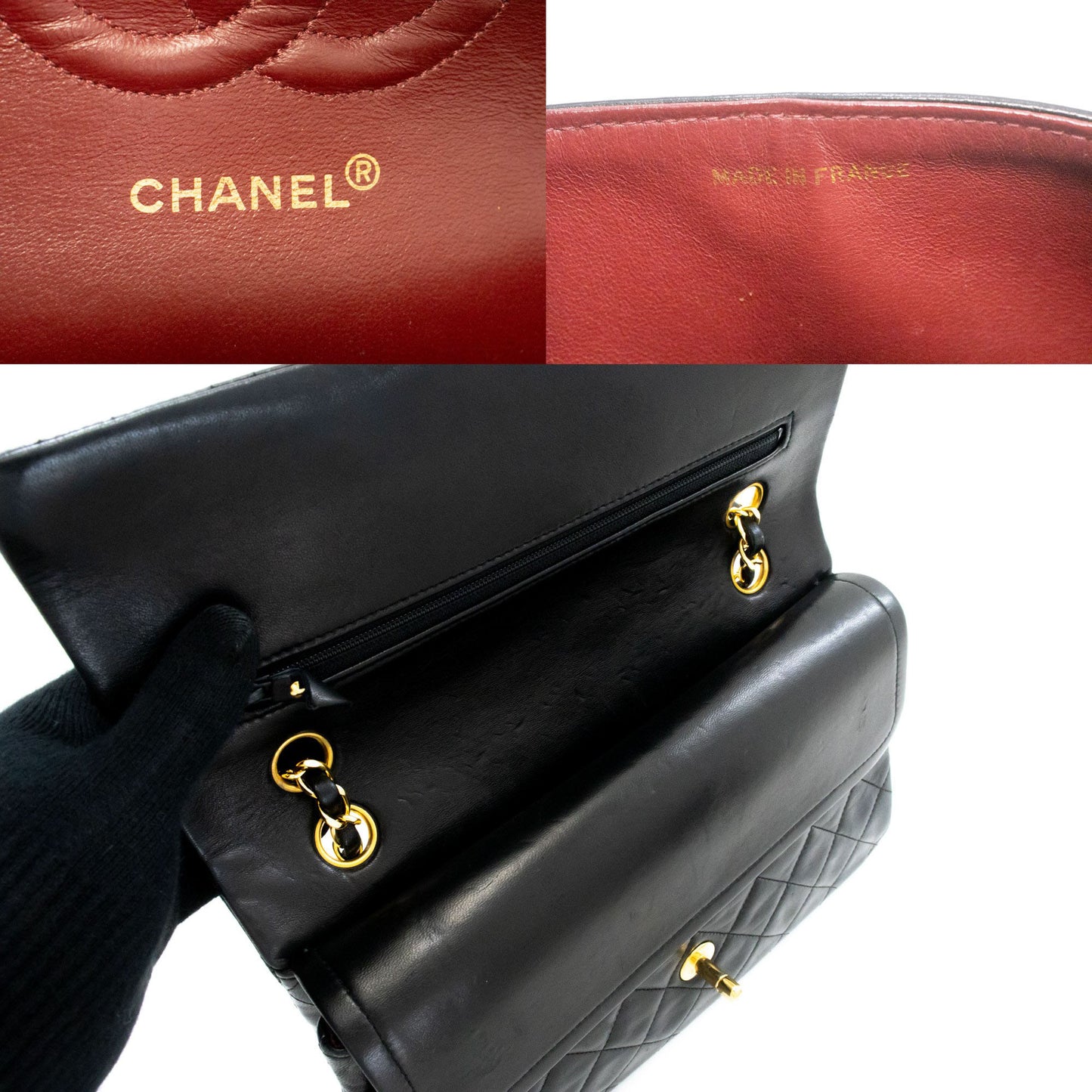 CHANEL Classic Double Flap 10" Chain Shoulder Bag Black Lambskin ak3 hannari-shop