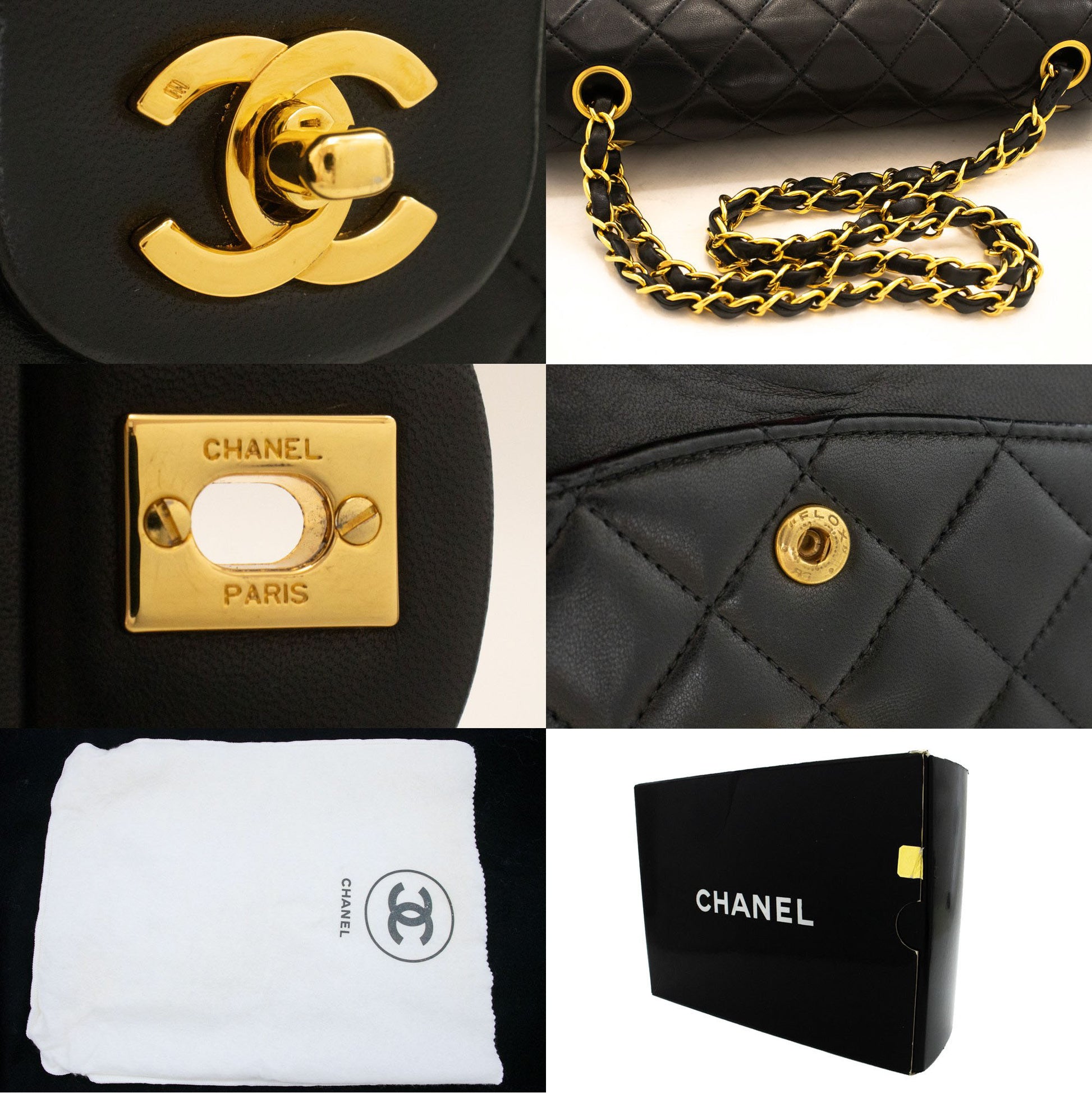CHANEL Classic Double Flap 10" Chain Shoulder Bag Black Lambskin aj8 hannari-shop