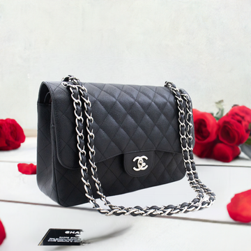 CHANEL 11" Large Grained Calfskin Double Flap Chain Shoulder Bag L18