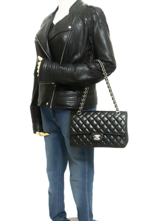 CHANEL Grained Calfskin Double Flap 10" Chain Shoulder Bag Black ao1 hannari-shop