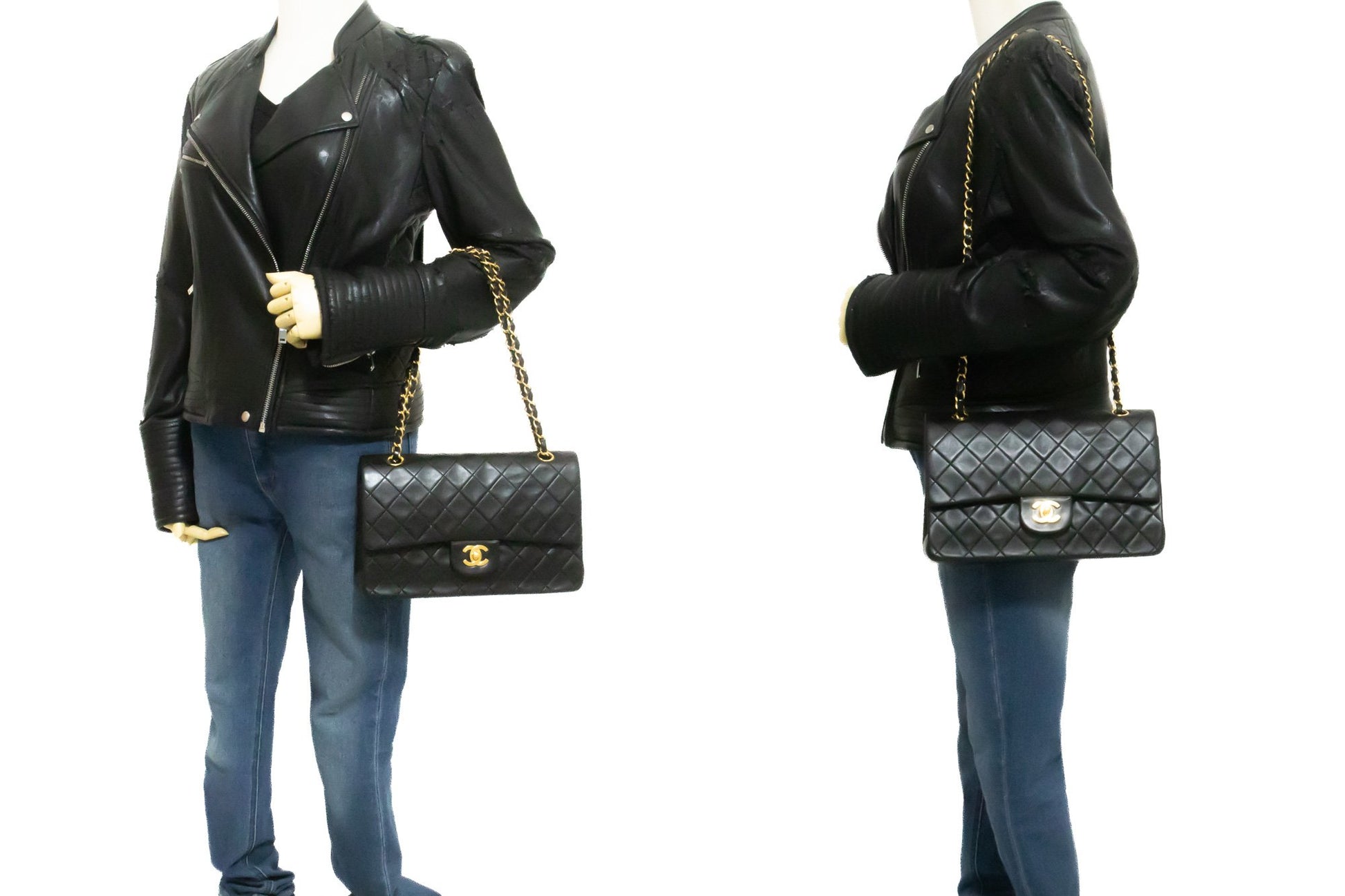 Sac à bandoulière CHANEL Classic Double Flap 10" à chaîne en agneau noir am1 hannari-shop