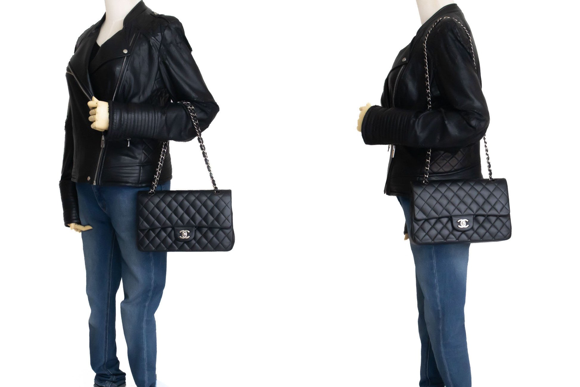 CHANEL Classic Double Flap 10" Schultertasche mit silberner Kette Schwarz ai1 hannari-shop