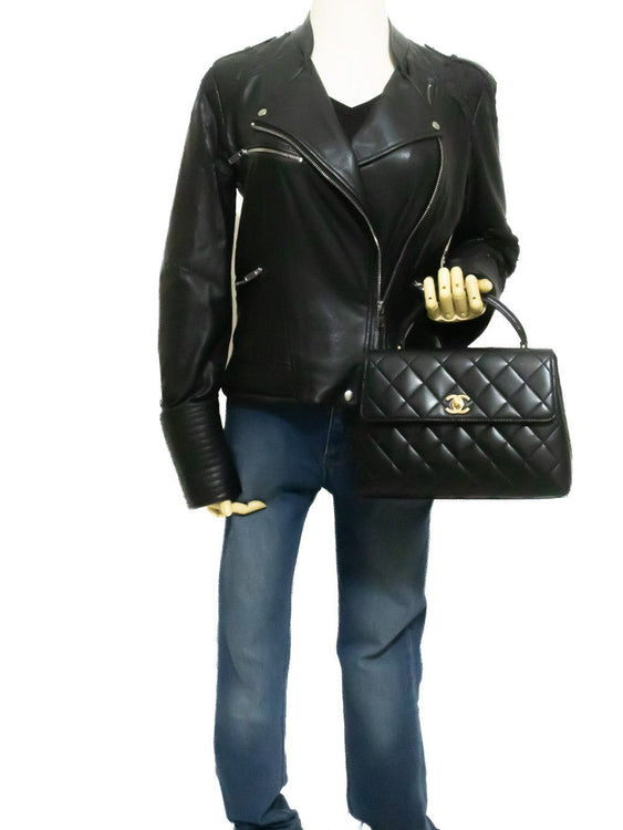 CHANEL Lamskin Handbag Top Handle Small Bag Kelly Black Flap an2 hannari-shop