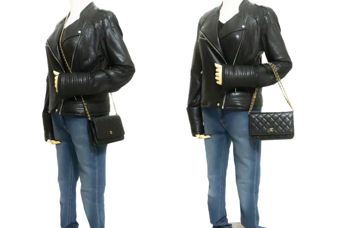 CHANEL Black Classic Wallet On Chain WOC Shoulder Bag Gold Clutch an9 hannari-shop