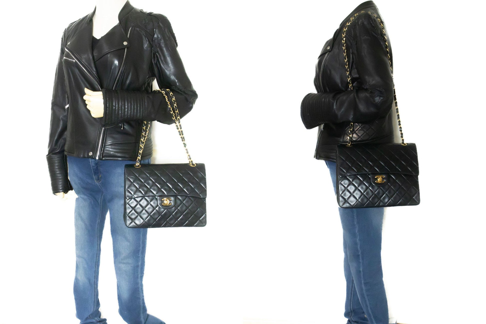 Sac à bandoulière carré CHANEL Classic Double Flap en agneau noir ad7 hannari-shop