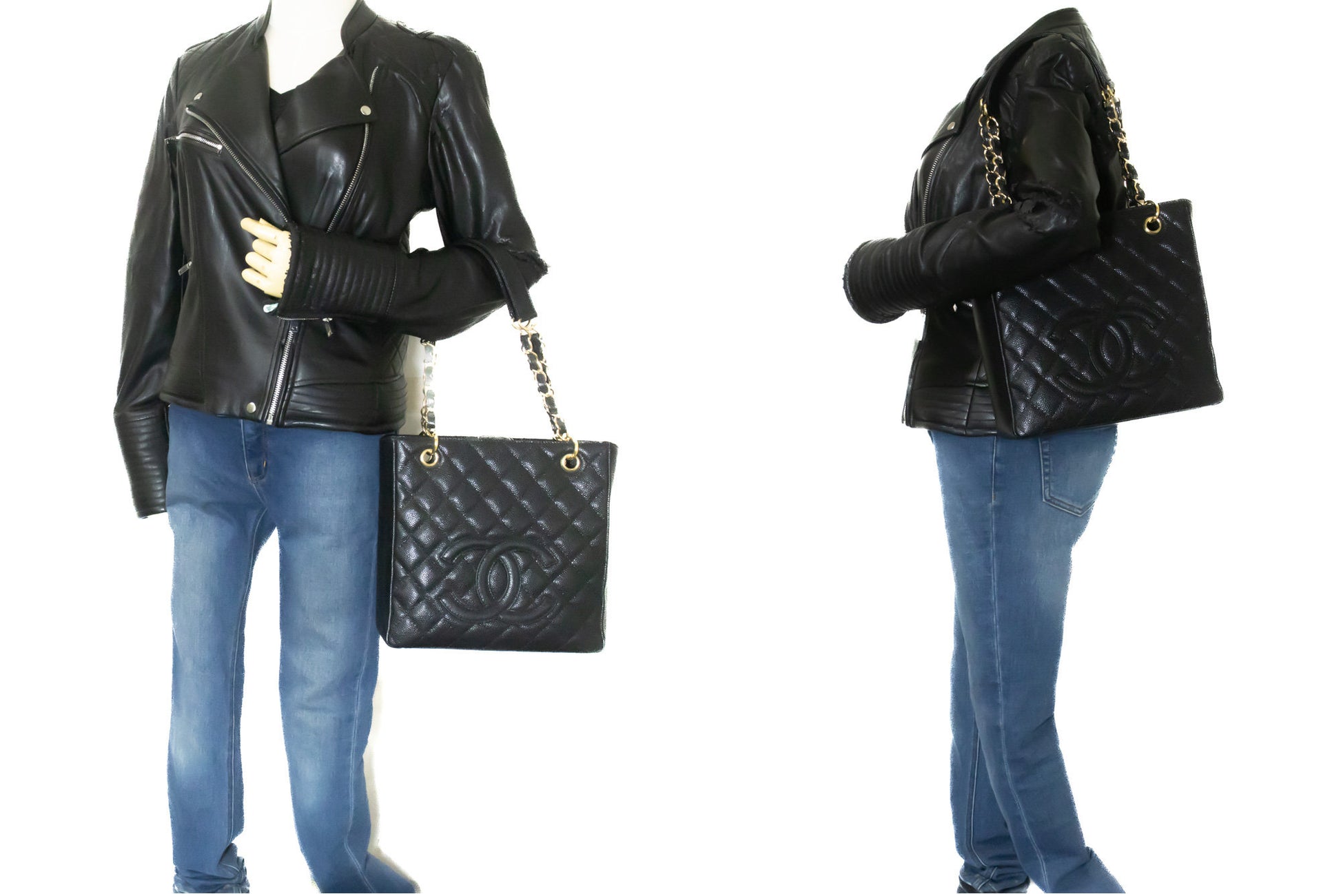 CHANEL Caviar PST Chain Schoudertas Shopping Tote Zwart Gequilt n51 hannari-shop