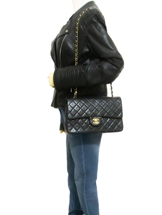CHANEL Classic Double Flap 10" Chain Shoulder Bag Black Lambskin am3 hannari-shop