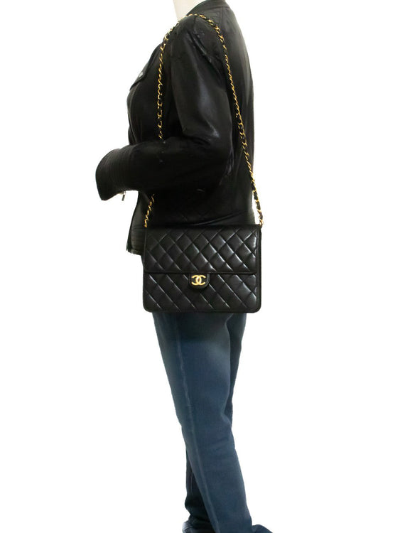 CHANEL Small Chain Shoulder Bag Clutch Black Quilted Flap Lambskin ao8 — on mannequin hannari-shop