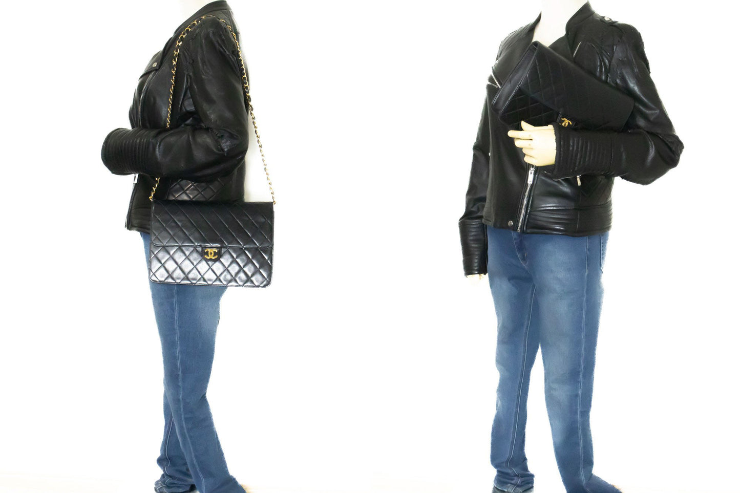 Sac à bandoulière chaîne CHANEL Pochette noire matelassée en agneau rabat portefeuille p42 hannari-shop
