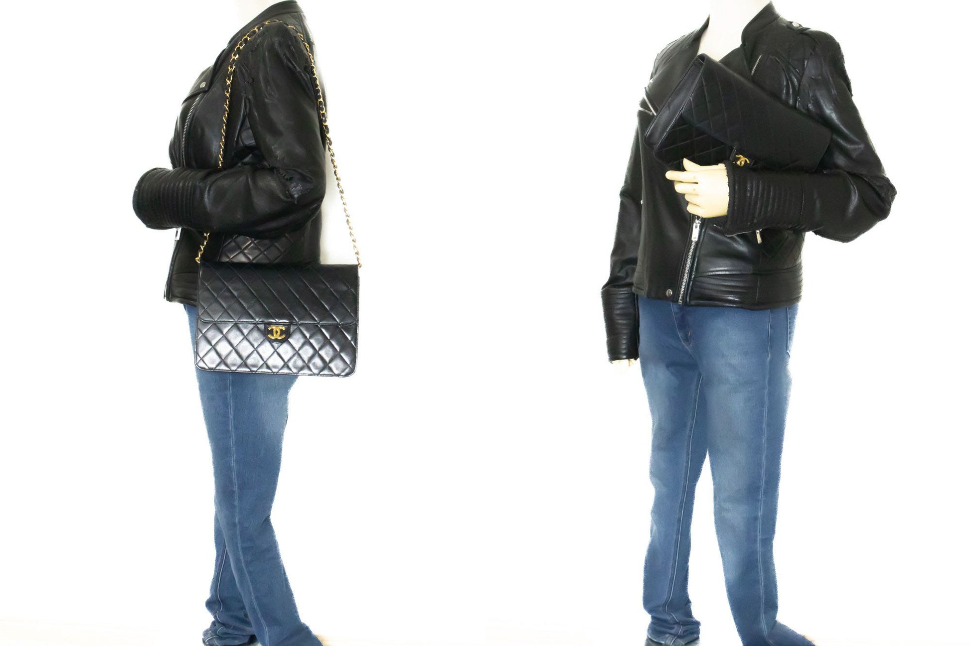 Sac à bandoulière chaîne CHANEL Pochette noire matelassée en agneau rabat portefeuille p42 hannari-shop