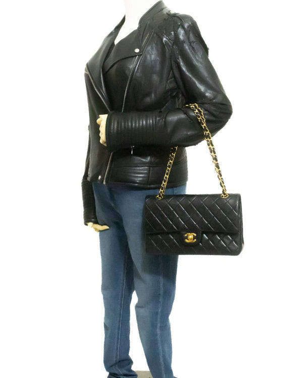 CHANEL Classic Double Flap 10" Chain Shoulder Bag Black Lambskin am9 hannari-shop