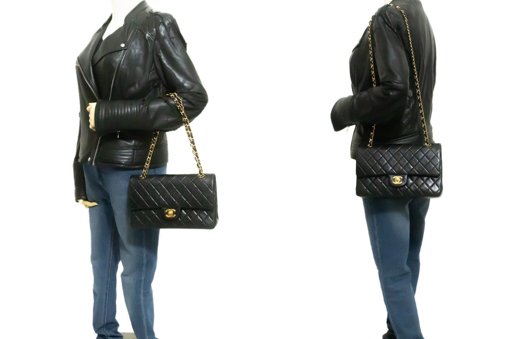 CHANEL Classic Double Flap 10" Chain Shoulder Bag Black Lambskin am9 hannari-shop