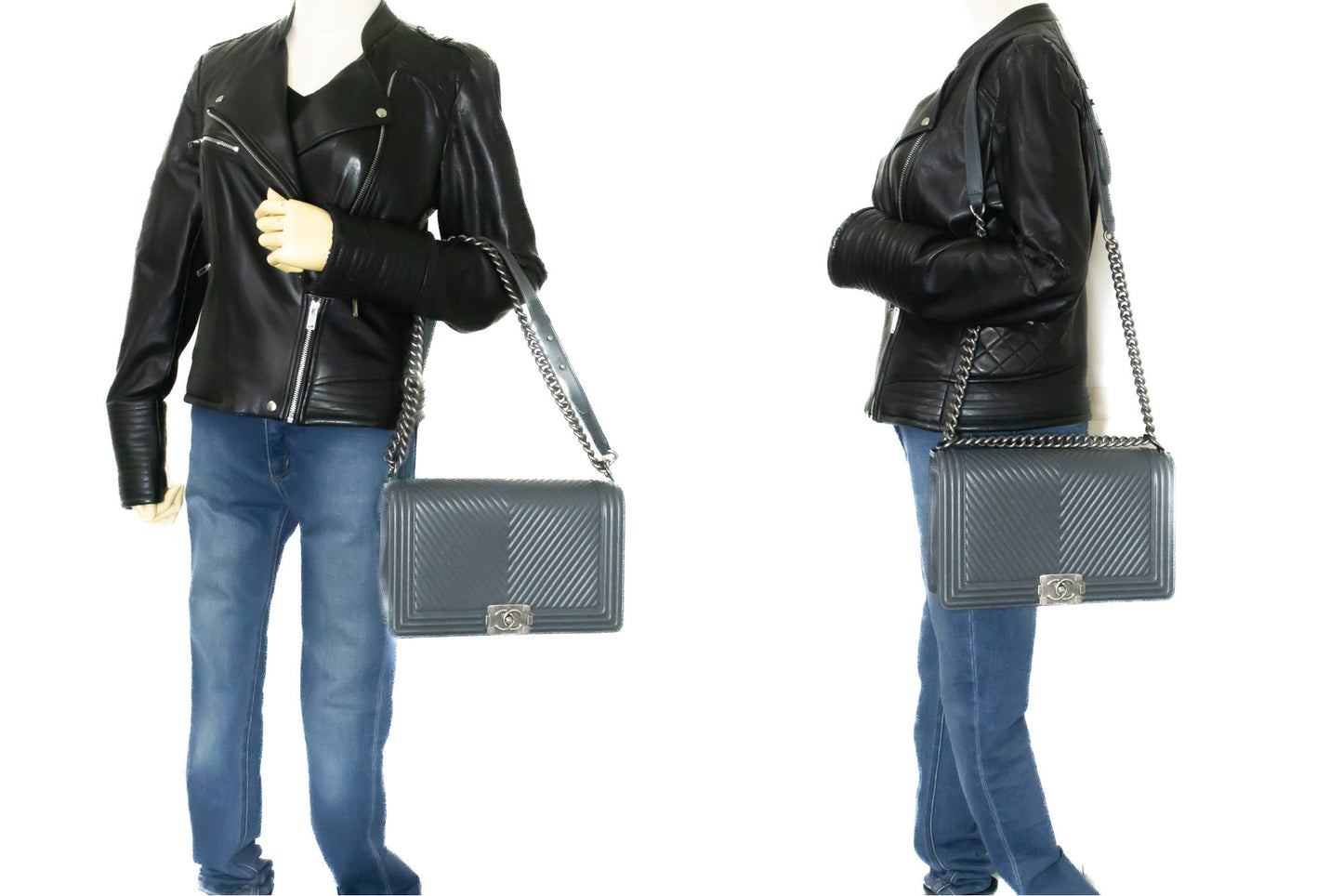 CHANEL Boy Donkergrijze V-Stitch Chain Schoudertas Gequilte Flap n41 hannari-shop