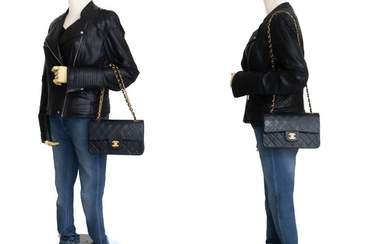 CHANEL Classic Double Flap 9" Chain Shoulder Bag Black Lambskin ak5 hannari-shop