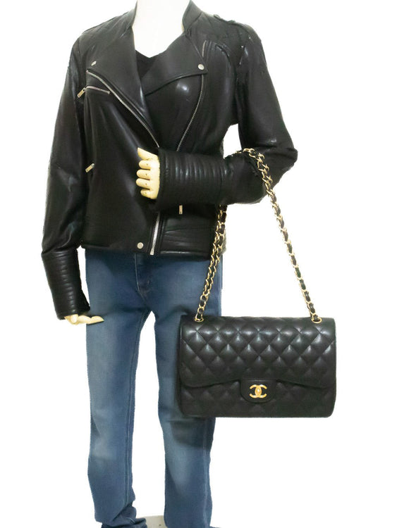 CHANEL 11" Chain Shoulder Bag Double Flap Black Grained Calfskin an5 hannari-shop