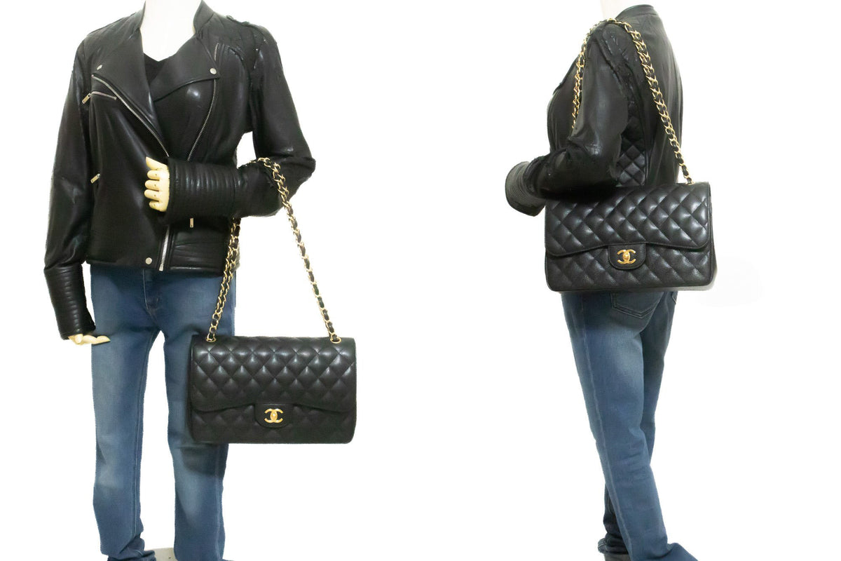 CHANEL 11" Chain Shoulder Bag Double Flap Black Grained Calfskin an5 hannari-shop