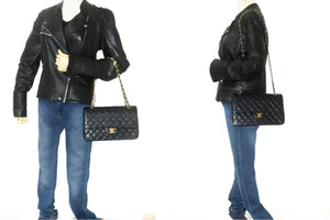CHANEL Classic Double Flap 10" Chain Shoulder Bag Black Lambskin p62 hannari-shop