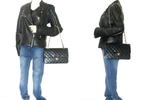 CHANEL Classic Double Flap 10" Chain Shoulder Bag Black Lambskin p76 hannari-shop