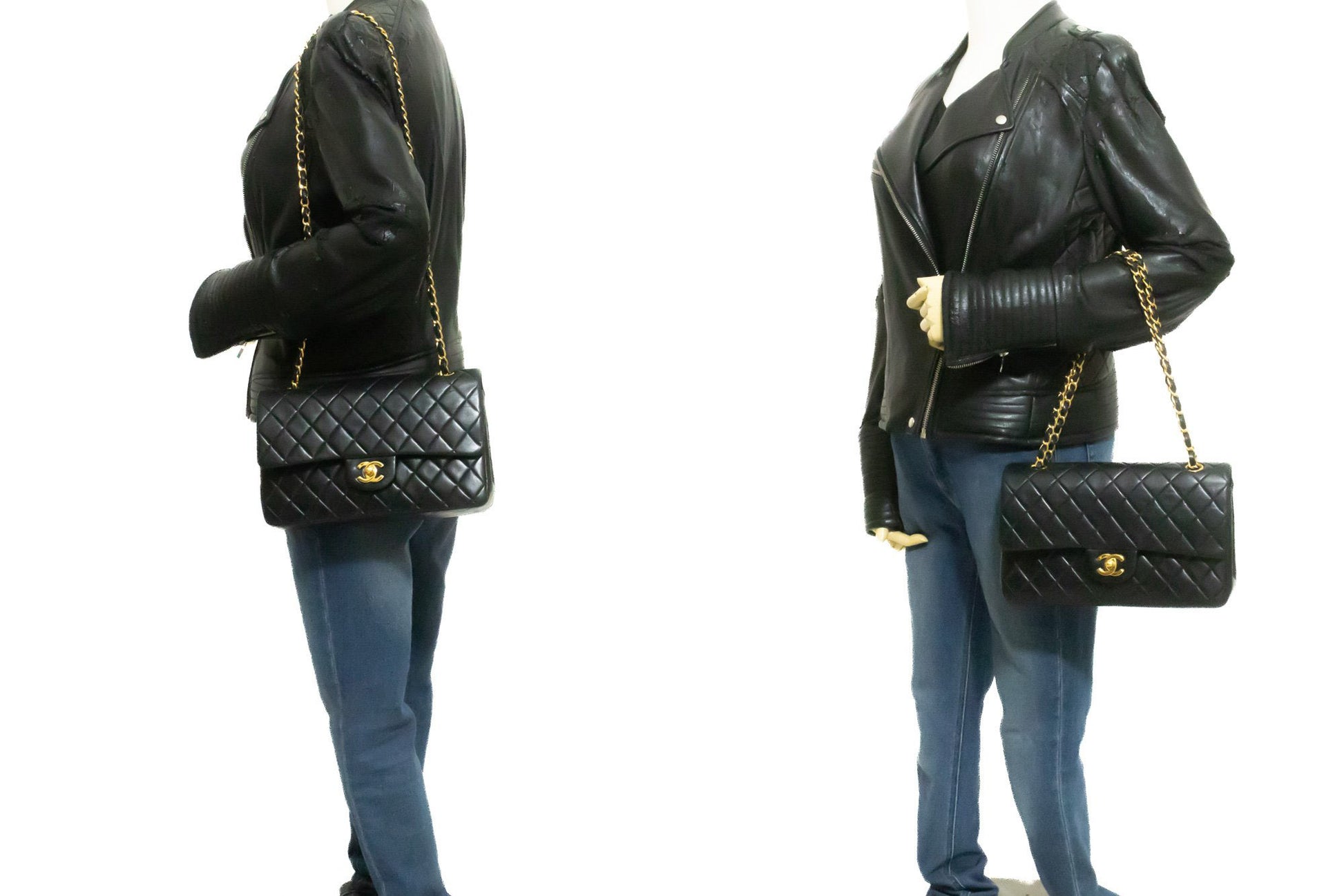 CHANEL Classic Double Flap 10" Chain Shoulder Bag Black Lambskin an1 hannari-shop