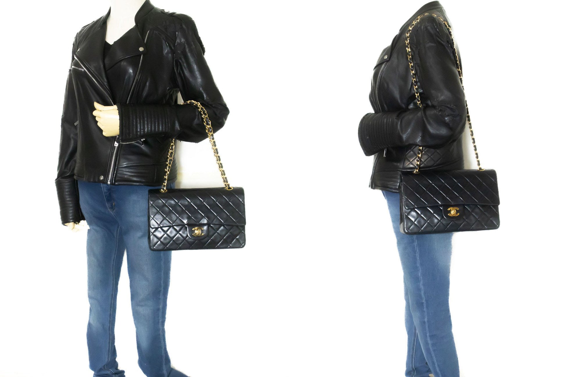 CHANEL Classic Double Flap 10" Chain Schoudertas Zwart Lamsleer ad8 hannari-shop